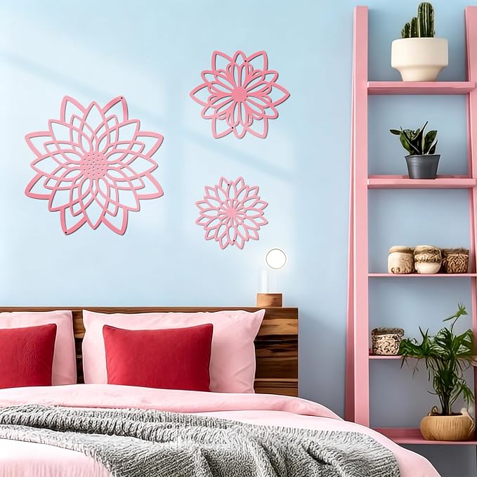 Zzbakress 3 Pcs Metal Flowers Wall Art Bathroom Wall Decor (Pink Concise) | Farmhouse Flower Bathroom Decor Wall Decorations For Bathroom, Living Room, Office, Kitchen, Hallway And Outdoor
