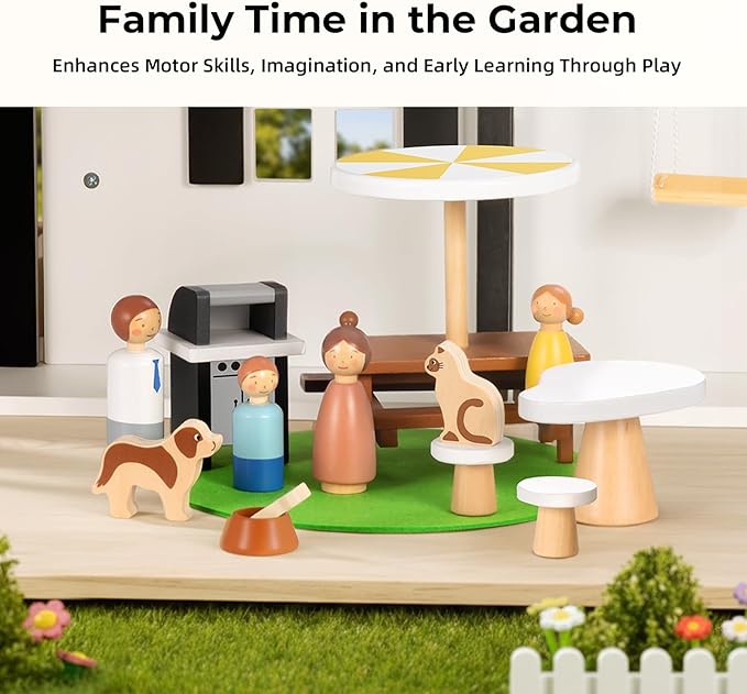 OOOK Wooden Dollhouse, Modern Doll House with Garage and 60Pcs Luxurious Furniture Accessories, Including Dolls and Pet Sets, Wood Dollhouse Toy for Boys and Girls 3+