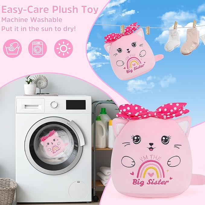 Big Sister Stuffed Animals: 9-Inch Cute I'm The Big Sister Cat Plush Toy, Pink Bow Rainbow Heart Cat Plushie Pillow, Gifts for Kids Girls Party Decor New Sibling Announcement