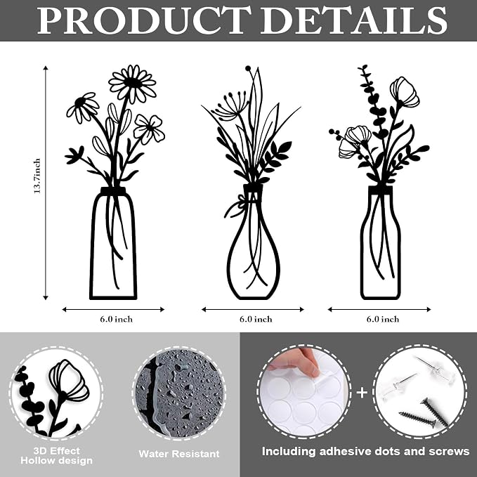 Pigort 3 Pieces Metal Flowers Wall Arts - Rustic Farmhouse Decor Black Minimalist Flower Wall Decors for Living room Bathroom Bedroom Dining Room - Housewarming Gifts(Black, Vase-C)