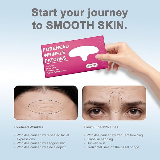 Forehead Wrinkle Patches, 15 PCS Face Tape for Wrinkles, Kinesiology Tape for Face, Facial Myofascial Lift Tape for Frown 11's Lines, Fine Lines Between Eyebrow Wrinkle Patches