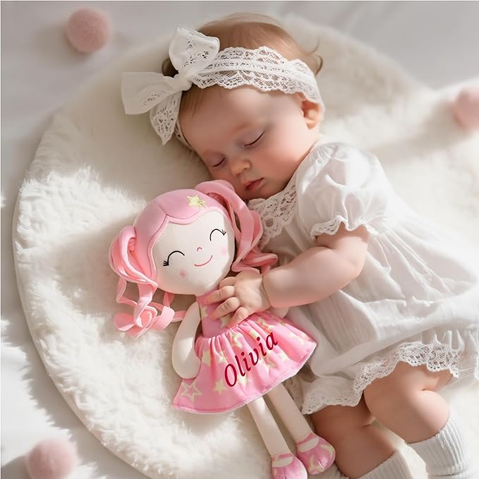 Gloveleya Personalized Baby Doll – Custom Name Rag Doll Gift for Girls | Pink Star Plush Keepsake for Birthday, Baby Shower & Christmas | Soft Huggable Comfort Toy 12 Inch