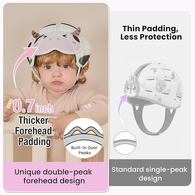 Baby Head Protector Baby Helmet for Crawling and Walking - No Bumps and Soft Safety Peak - Ultra Light and Adjustable Baby Head Protector Suitable for Babies 6-24 Months-Milky Cow