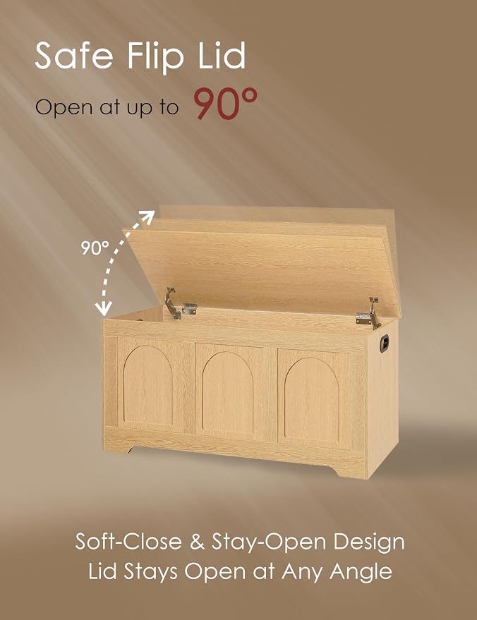 Storage Chest, Wooden Toy Box, Natural 39.4" L | Entryway Shoe Bench, 2 Soft-close Hinges, Finger-safe Flip-Top Lid, Easy Assembly, Farmhouse Large Trunk, Living Room/Bedroom