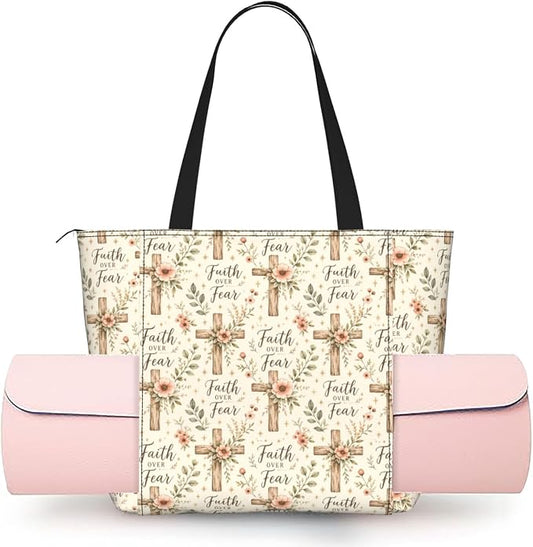Christian Cross Jesus God Yoga Mat Bag for Women with Mats Bags Carrier Carryall Canvas Tote with Zipper Pocket, Polyester Gym Bag for Yoga Pilates Beach Travel Fitness Workout Gifts for Yoga Lovers
