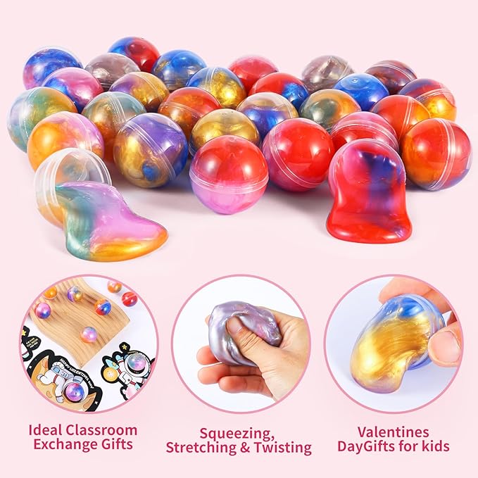 28 Pack Valentines Day Cards for Kids School with Galaxy Slime Stress Relief Fidget Toys - Classroom Valentines Gifts for Kids, School Classroom Exchange, Class Party Favors