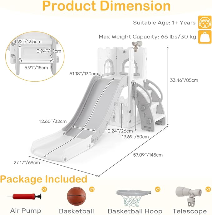 OLAKIDS Toddler Slide, 6 in 1 Kids Indoor Outdoor Playground with Climber Basketball Hoop Telescope Toy Storage for Boys Girls Aged 1+ (Grey, 27'')