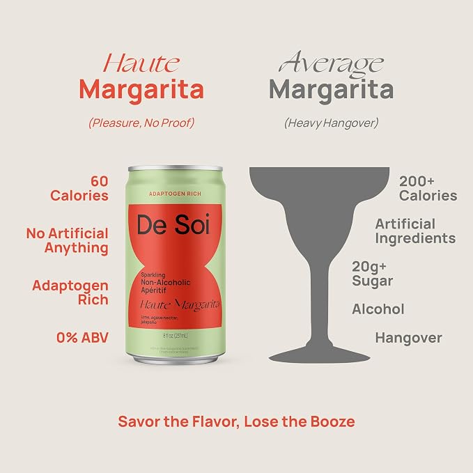 De Soi Happy Hour Duo Mocktails NA Drinks 12 pack - Adaptogen Drink, Sparkling Drink with Calming Botanicals, Mocktail Drinks, Gluten Free, No Artificial Flavors - (Haute Margarita + Spritz Italiano)
