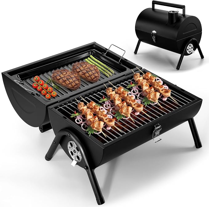 Joyfair Portable Charcoal Grill, Small Outdoor Camping Tabletop BBQ Grills | 2 IN 1 Double-Sided Barbecue Grill with Food Tray & Rack for Home Patio BBQ Grilling, Heavy Duty & Multi-use, (230Sq.in)