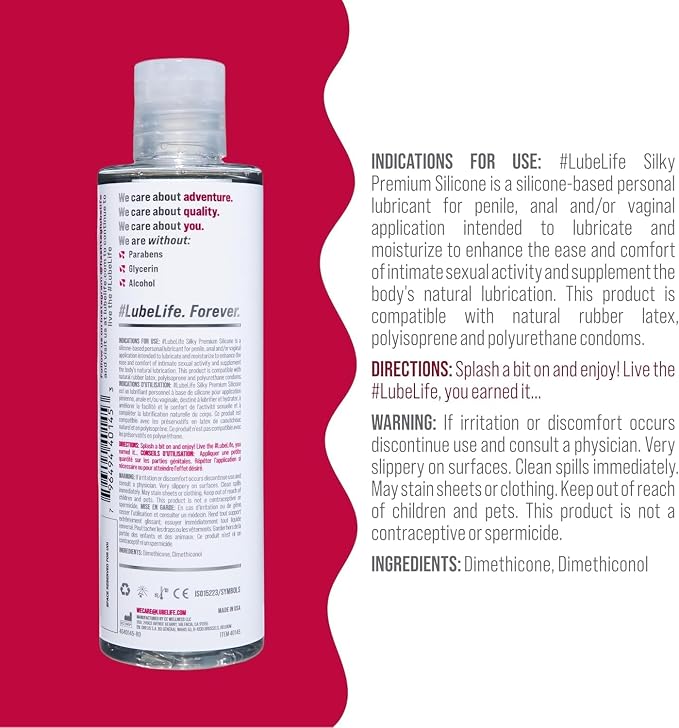 LUBELIFE Silky Premium Silicone Lubricant, Extra Cushiony, Silky Smooth, Luxe Formula for Women, Men, and Couples, Unscented, Non-Sticky and Water-Resistant, 8oz