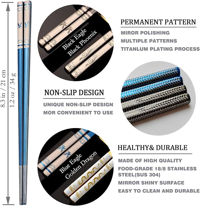 Travel Chopsticks with Case, Black Blue Eagle, 2 Pairs | Metal Stainless Steel, Titanium Plated, Reusable & Dishwasher Safe, For School, Home, Office, Outdoor, Bento Box Use