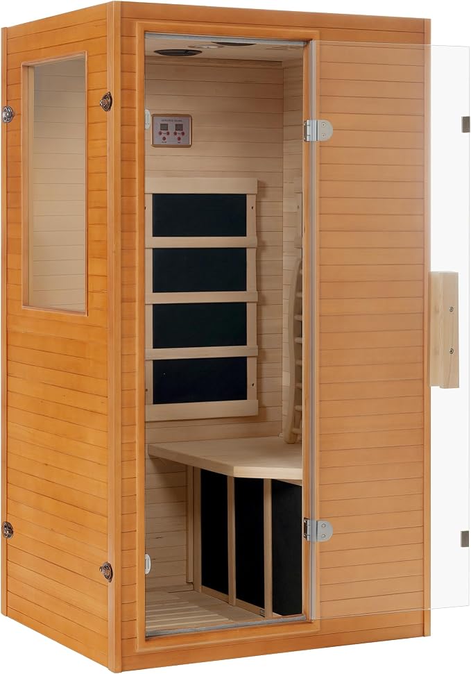 Real Relax Infrared Home Sauna, 1 Person Far Infrared Saunas for Home, Canadian Hemlock Wooden Indoor Sauna Room with LCD Control Panel, Bluetooth Speakers