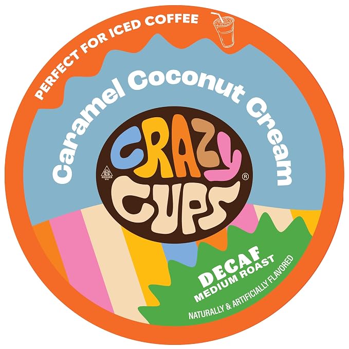 Crazy Cups Decaf Flavored Coffee Pods, Decaffeinated Caramel Coconut Cream Flavored Coffee, Single Serve Hot or Iced Medium Roast Coffee for Keurig K Cups Machines, 22 Count