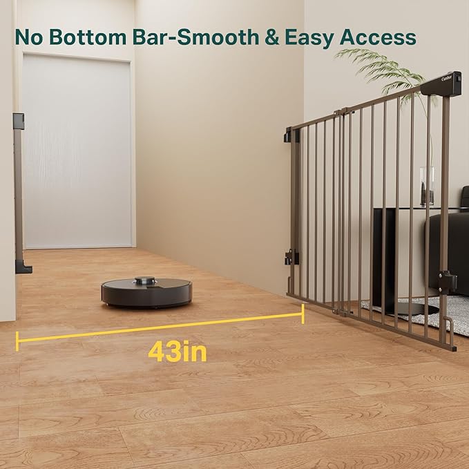 Cumbor 29.2–43" Baby Gate for Stairs, Hardware Mounted (Drill Required), Expandable No Bottom Bar Dog Gate, Auto Close Extra Wide Walk Thru, Pet & Toddler Proof Gate, Top & Bottom of Stairways (Brown)