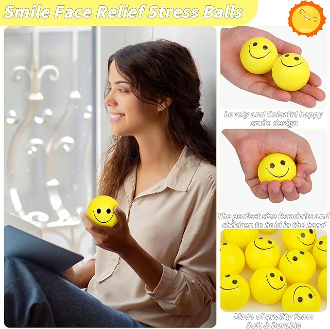 96 Pack Smile Face Stress Balls Bulk 2 Inch Funny Face Stress Relief Balls Yellow Mini Squeeze Balls Foam Smile Face Toys for Finger Exercise, School Prizes, Party Bag Fillers
