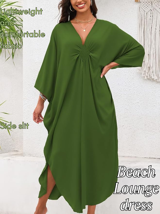 ChiaoLezhee Print Moo-Moos for Women, Kaftan Cover-Up Dresses, Sexy V-Neck High-Slit, Beach Pool-Party Coverups Muumuu Plus