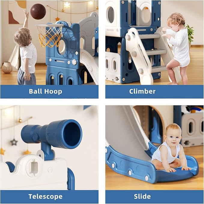 Glaf 7 in 1 Toddler Slide Indoor Outdoor Playset Kids Slide for Toddlers Age 1-3 Baby Slide with Basketball Hoop and Ball Storage Space and Telescope Freestanding Climber Slides Toys (Blue)