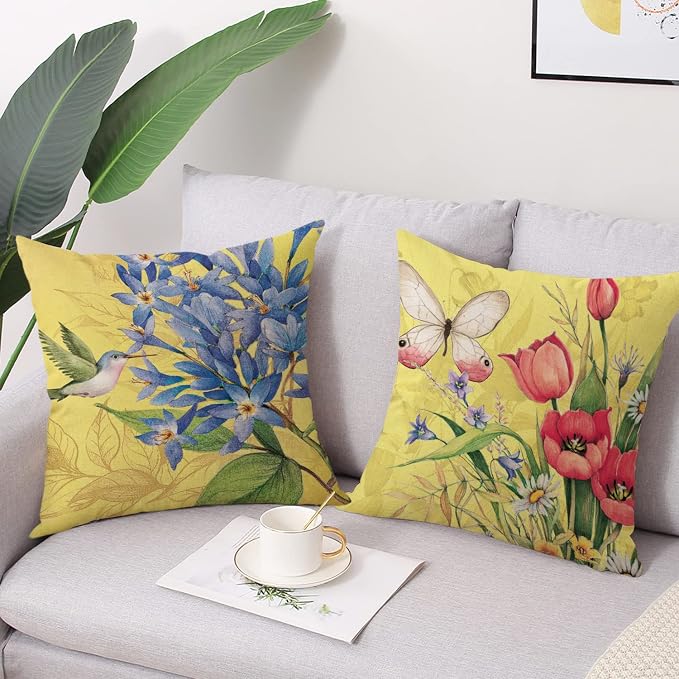 wyooxoo Spring Summer Pillow Covers 16x16 Set of 4 Decorative Throw Pillow Covers Linen Flower Butterfly Farmhouse Pillowcases for Sofa Couch Living Room Outdoor