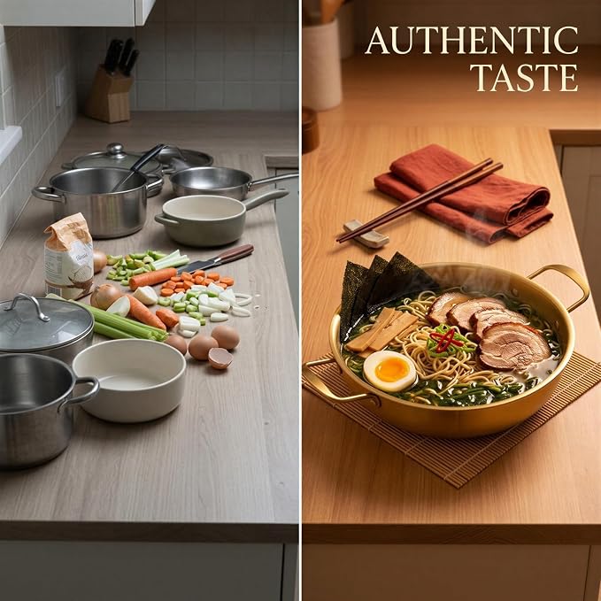 3 Pieces Gold Korean Ramen Pots Set, Stainless Steel Cooking Pan with Flat Bottom and Dual Ear Handles, Universal Stove Top for 8.7 x 8.7 x 2.8 in, 7.9 x 7.9 x 2.4 in, 7.1 x 7.1 x 2 in