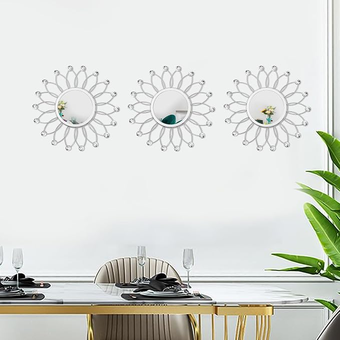 3 Pack Metal Mirrors for Wall Sunburst Wall Mirrors Home Décor Decorative Hanging Wall Art for Living Room Bedroom Entryway (Silver Crystal, Flowers)