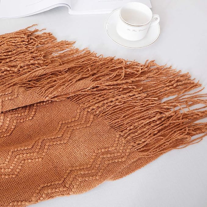BOURINA Almond Throw Blanket 60x80 Inch Boho Knit Soft Throw Sofa Blanket | Knitted Throw Blanket 60x80 Inches, Soft Lightweight Boho Weave Throw Decorative Couch Blanket for Living Room Bedroom Chair