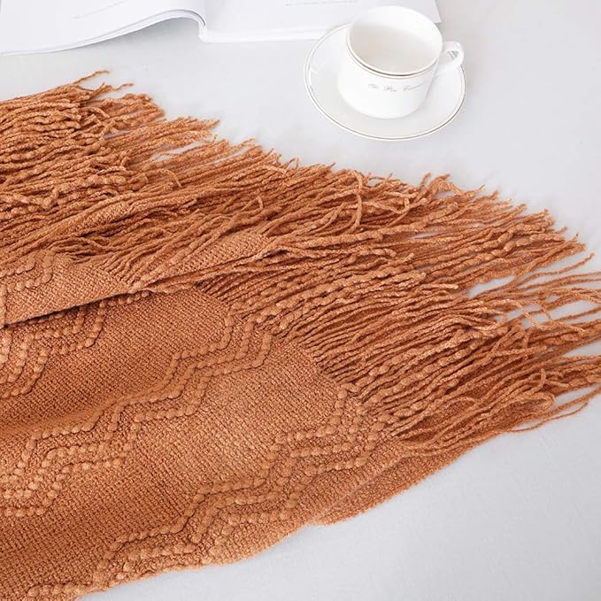 BOURINA Almond Throw Blanket 50x90 Inch Boho Knitted Soft Throw Bed Blanket | Knitted Throw Blanket 50x90 Inches, Soft Lightweight Boho Weave Throw Decorative Couch Blanket for Living Room Bed Runner