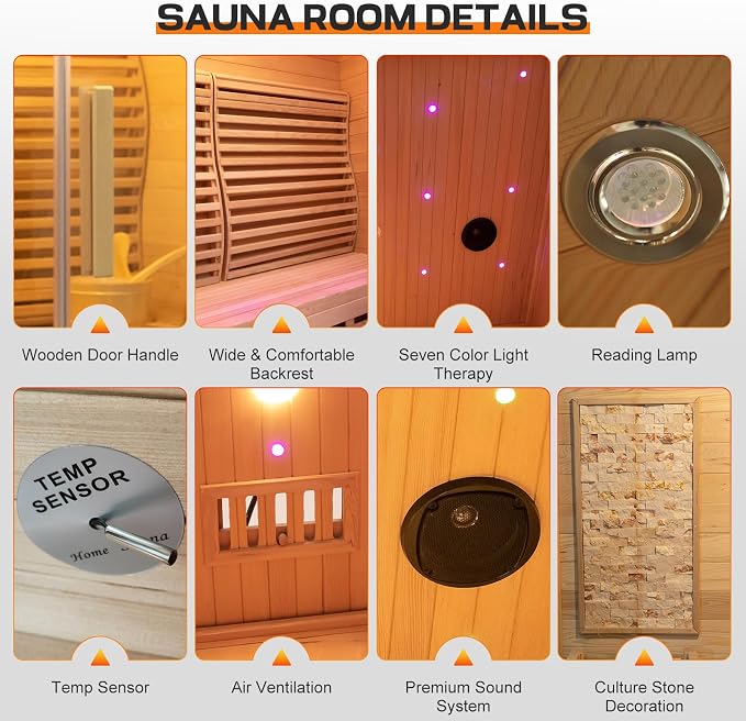 ZONEMEL 3 Person Wooden Steam Sauna Room, Canadian Red Cedar Luxurious Indoor Sona House with 6 KW Heater, WiFi Controller, Bluetooth Speaker, Wooden Bucket, Scoop, Reading Light, 220V, 195℉