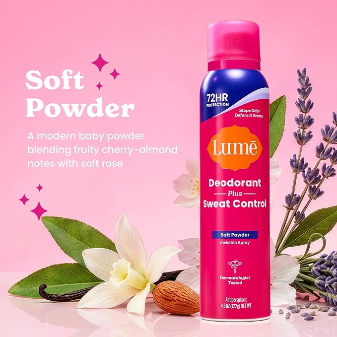Lume Deodorant Plus Sweat Control - Invisible Spray - Extra Strength Antiperspirant For Underarms - 72 Hour Odor & Sweat Control - Baking Soda Free - 3pk (Soft Powder, Clean Tangerine, Vanilla Bliss)