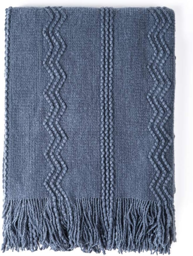 BOURINA Navy Throw Blanket 60x80 Inch Boho Knitted Soft Throw Sofa Blanket | Knitted Throw Blanket 60x80 Inches, Soft Lightweight Boho Weave Throw Decorative Couch Blanket for Living Room Bedroom Chair