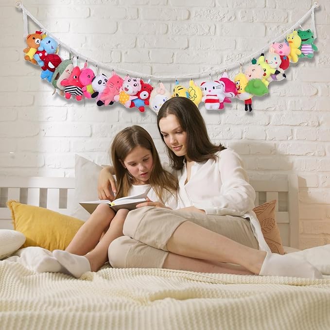 1 Pcs Cotton Stuffed Animal Storage Chain with 20pcs Metal Clips for Hanging Small Plush 80inch Wall Organizer Stuffed Animals Storage Holder for Hanging Nursery Play Room Wall Door (1Pcs White)