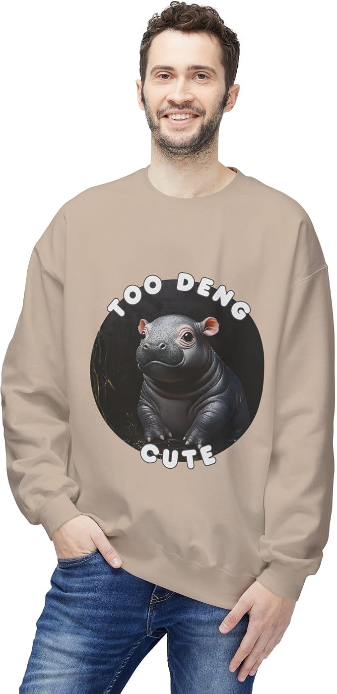 Unisex Fleece Crewneck Sweatshirt - Too Deng Cute Moo Deng Hippo, Cozy Cotton Blend, Classic Relaxed Fit