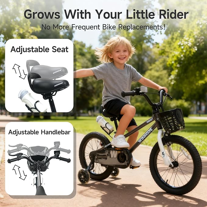 WinHope Kids Bike, 12-18 Inch Toddler Bicycle with Removable Training Wheels and Dual Brakes, Children Bike for Beginner with Adjustable Seat and Headlebar for 2-9 Years Boys Girls, Multiple Colors