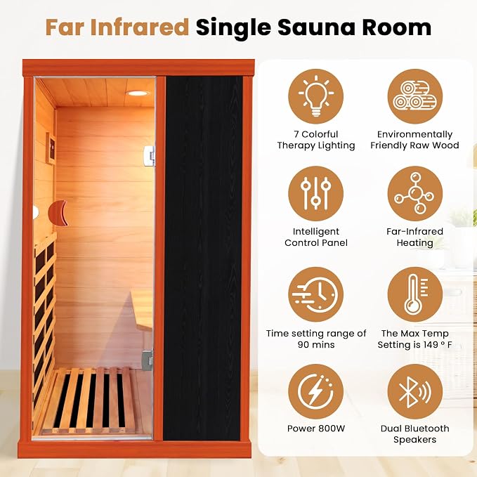 OUTEXER 1 Person Sauna Far Infrared Sauna 1200W Indoor Home Sauna Low EMF 110V with Control Panel 7 Color Light 28.7 * 35.2 * 61.4 inch