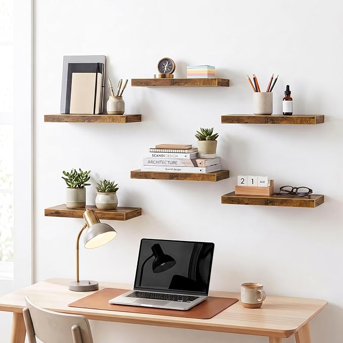 Fixwal 15.7in Floating Shelves, Set of 6 Wood Shelves, Farmhouse Shelf Wall Decor for Bathroom, Bedroom, Living and Kitchen Room (Rustic Brown)