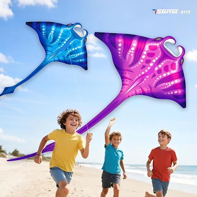 SGftre 3 Piece Set Butterfly Delta Octopus Kites for Kids and Adults，Easy to Fly for Outdoor Adults Children Line Kite for Kids Toy (Manta Ray 2-Piece Set(Blue,Pink), 2)
