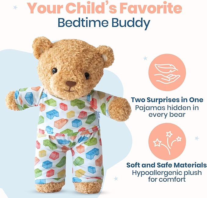 Zip N' Bear Soft Plush Teddy Bear Stuffed Animal with Building Dreams Pajamas - Zippy The Bear Cute Cuddly Plush Toy, Perfect Sensory Teddy for Kids, Toddlers - Adorable Gift & Bedtime Companion