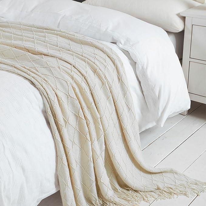 BOURINA Beige Throw Blanket 50x90 Inch Boho Knitted Soft Throw Sofa Blanket | Knitted Throw Blanket 50x90 Inches, Soft Lightweight Boho Weave Throw Decorative Couch Blanket for Living Room Bed Runner
