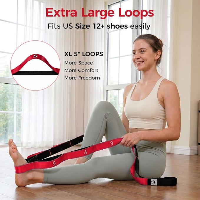 Slim Panda Stretching Strap with Loops - Non-Elastic Heavy Duty Nylon Yoga & PT - Oversized Multi-Loop Home Rehab - Hamstring Shoulder Pilates Flexibility