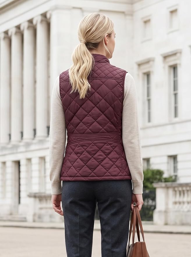 Fuinloth Women's Quilted Vest Lightweight Puffer Stand Collar Zip Gilet | 4 pockets with 2 inner storage. Quilted padded warm gilet. Fall winter outerwear layering vest for travel hiking daily wear.