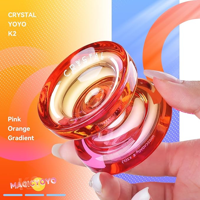 MAGICYOYO K2 Crystal Yoyo Professional Responsive Yoyo for Beginner, Double Colors Plastic Yo-Yo, Dual Trick Yo Yo with 12 Yo-yo Strings, Case Bag + Accessory Kit (Pink + Orange Gradient)