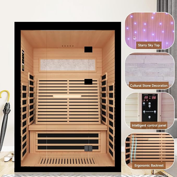 OUTEXER 2 Person Infrared Sauna Room Far Infrared Saunas Home Canadian Hemlock Indoor 2100W Low-EMF Dry Saunas with Oxygen Bar 7 Color Therapy 53.1 * 47.2 * 74.8inch