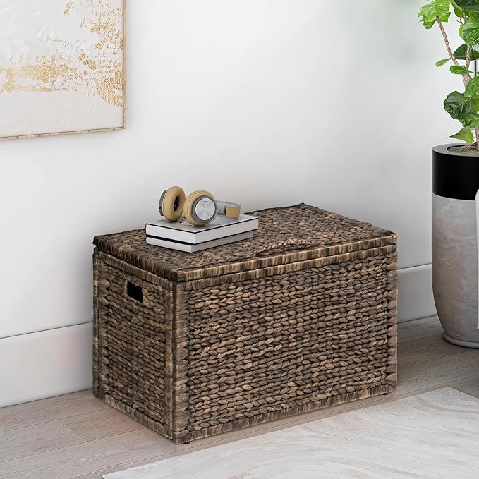 Water Hyacinth Wicker Storage Trunk, Brown Wash, 30x17.5x17.5 | Safety Hinge, Heavy-duty, Metal Frame