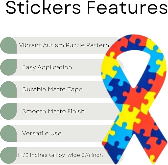 Small Autism Ribbon Stickers with Puzzle Pattern - Roll of Asperger’s Autism Awareness Stickers - Perfect for Events, and Fundraising - 2 Rolls