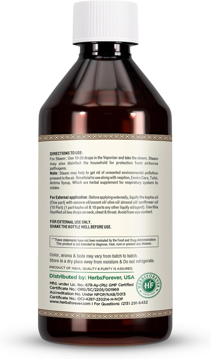 Herbsforever Kapha Oil Body Massage Oil Balance Kapha Dosha Improve the Respiration and Energies the Body Cold Pressed Premium Oil Non GMO, Vegan 4 fl oz 120 ml