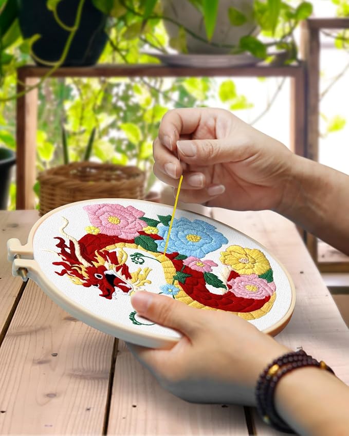 TINDTOP Embroidery Kit for Beginners Adult, Dragon Embroidery Kit for Beginners Include Embroidery Cloth Hoops Threads for Craft Lover Hand Stitch with Embroidery Skill Techniques | for Beginners Include Embroidery Cloth Hoops Threads for Craft Lover H...