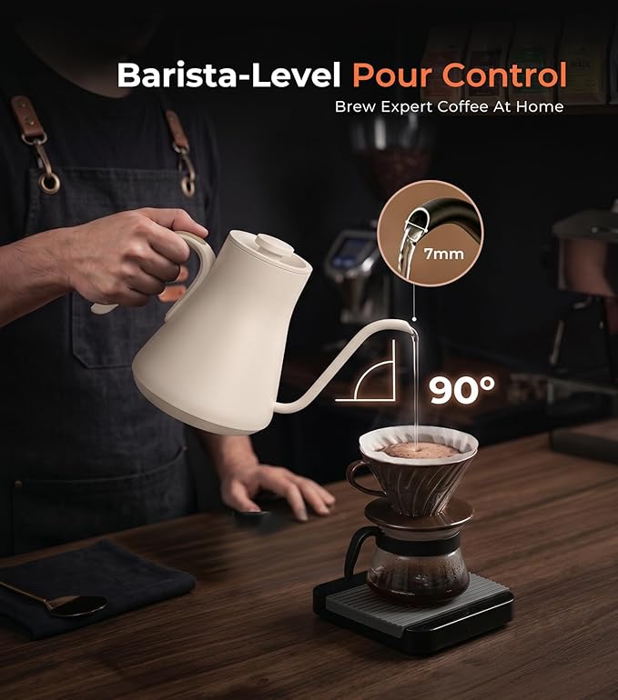 Epeios Electric Kettle, Gooseneck Electric Kettle with ±1°F Temperature Control, 1200W Rapid Heating for Pour Over Coffee & Tea, 304 Stainless Steel Interior, Auto Shut-Off, 0.9L, Cream White
