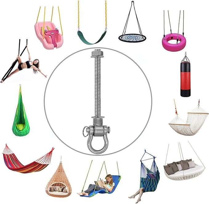 4 Heavy Duty Bearing Swing Hanger Permanent Anti-Rust (10mm) 180° Swing, 1500 LB, Wood Beam sandbag Yoga Swing Hammock Chair