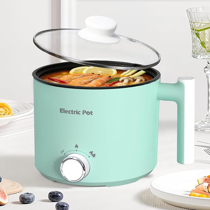 Electric Hot Pot 1.5L Nonstick Ramen Cooker for One-Person | Dual Power Setting for Hot Pot, Pasta/Soup/Oatmeal/Egg, Portable for Dorm/Travel, Overheat & Boil-Dry Protection(Green, 1.5L)