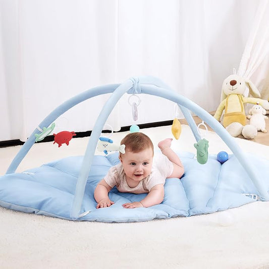 ANGELBLISS Baby Play Gym Mat, Reversible Tummy Time Mat with 6 Sensory Toys for Stage-Based Developmental, Thick & Large Baby Activity Center for Active Play (Blue)