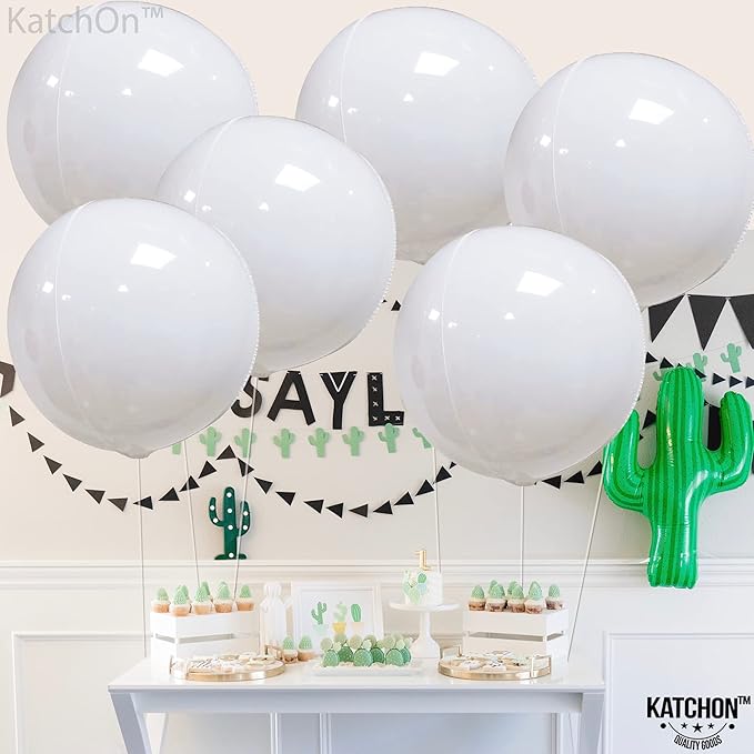 KatchOn, Round White Foil Balloons - 22 Inch, Pack of 6 | 4D Mylar White Balloons for Party Decorations | Metallic Balloon for Birthday, Anniversary, Bridal Shower, Baby Shower Decorations